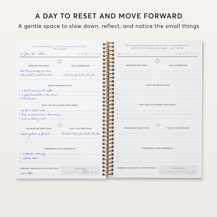 Gratitude journal daily pages with prompts for intentions, gratitude, accomplishments and looking ahead.