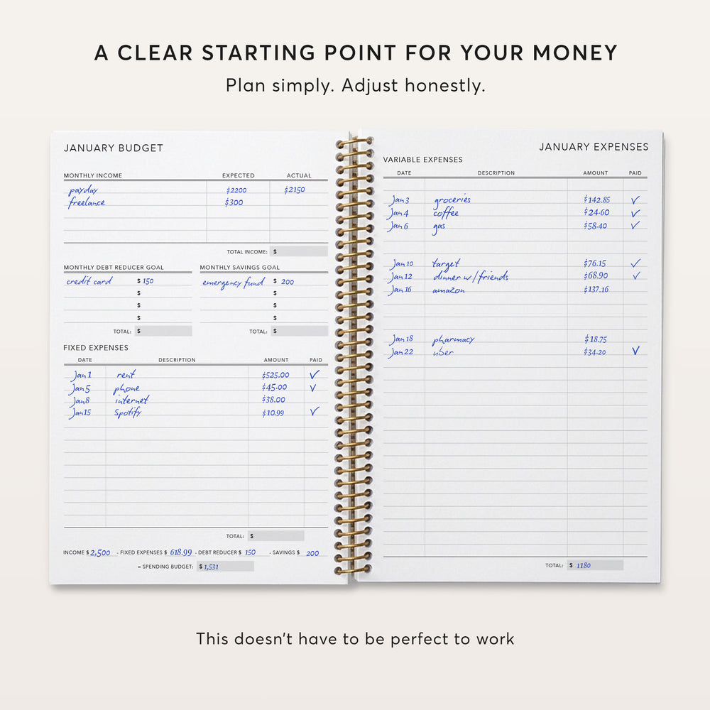 
                  
                    The image is a spiral-bound notebook containing a detailed budget plan for the month of January. It includes various sections for tracking income, expenses, and savings. The plan appears to be a simple and straightforward approach to managing personal finances, with a focus on adjusting expenses and income to achieve a desired total amount. The image does not contain any unnecessary details or excessive descriptions that would make it longer than 500 characters.
                  
                