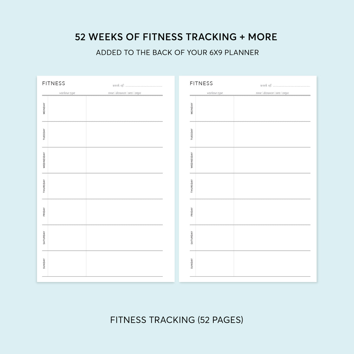Preview of the fitness tracking pages for a 6×9 Posy planner