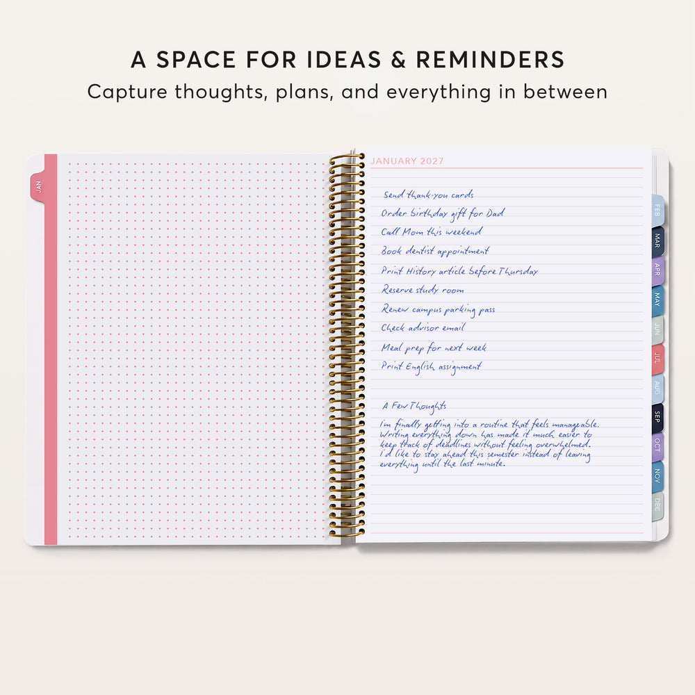 
                  
                    The image is a page from a spiral-bound notebook with a list of ideas and reminders written in blue ink. The page is open, revealing a blank page and a list of tasks and thoughts.
                  
                