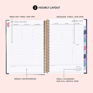 
                  
                    Hourly weekly planner layout with timed daily schedules and weekly notes.
                  
                