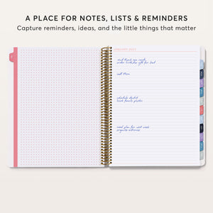 
                  
                    Dot-grid and lined notes pages in an open planner, with handwritten reminders.
                  
                
