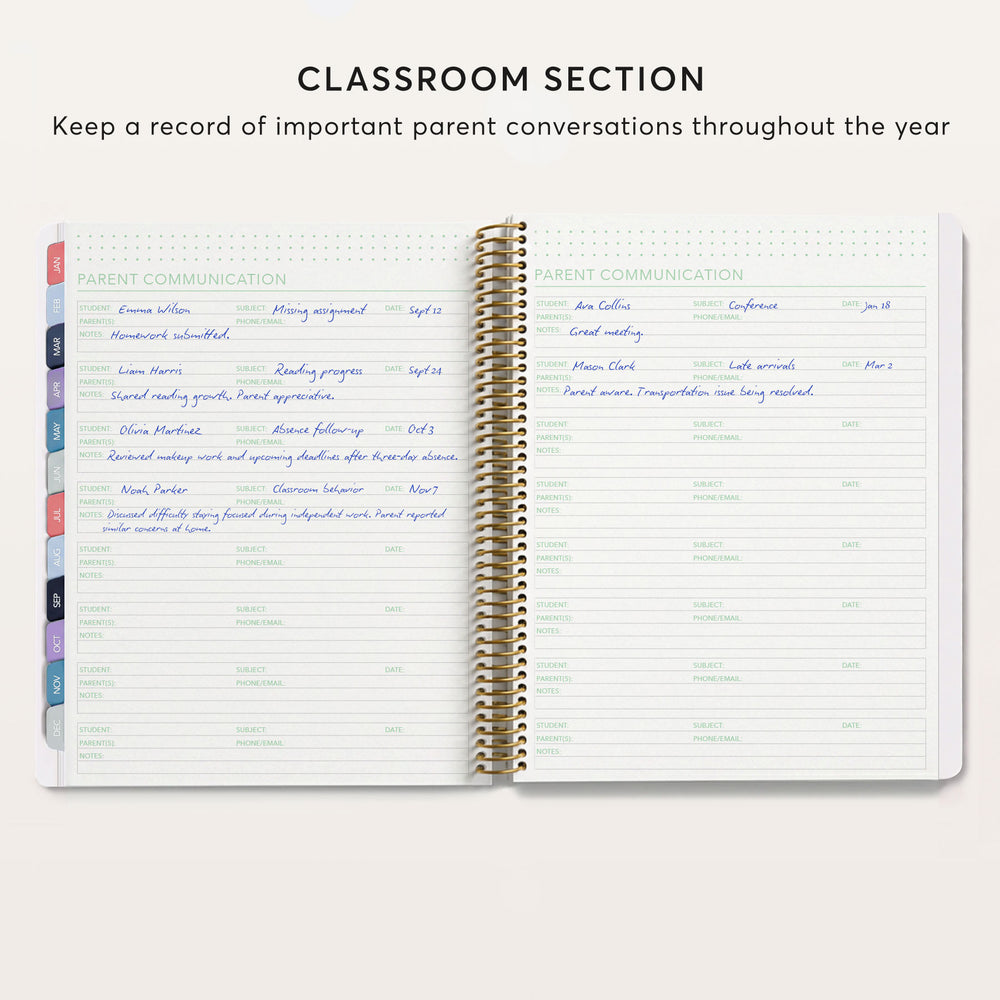 
                  
                    an open spiral-bound notebook with a section titled "CLASSROOM SECTION" at the top. The notebook contains a list of names and contact information for parents, which appears to be a record of important parent conversations throughout the year.
                  
                
