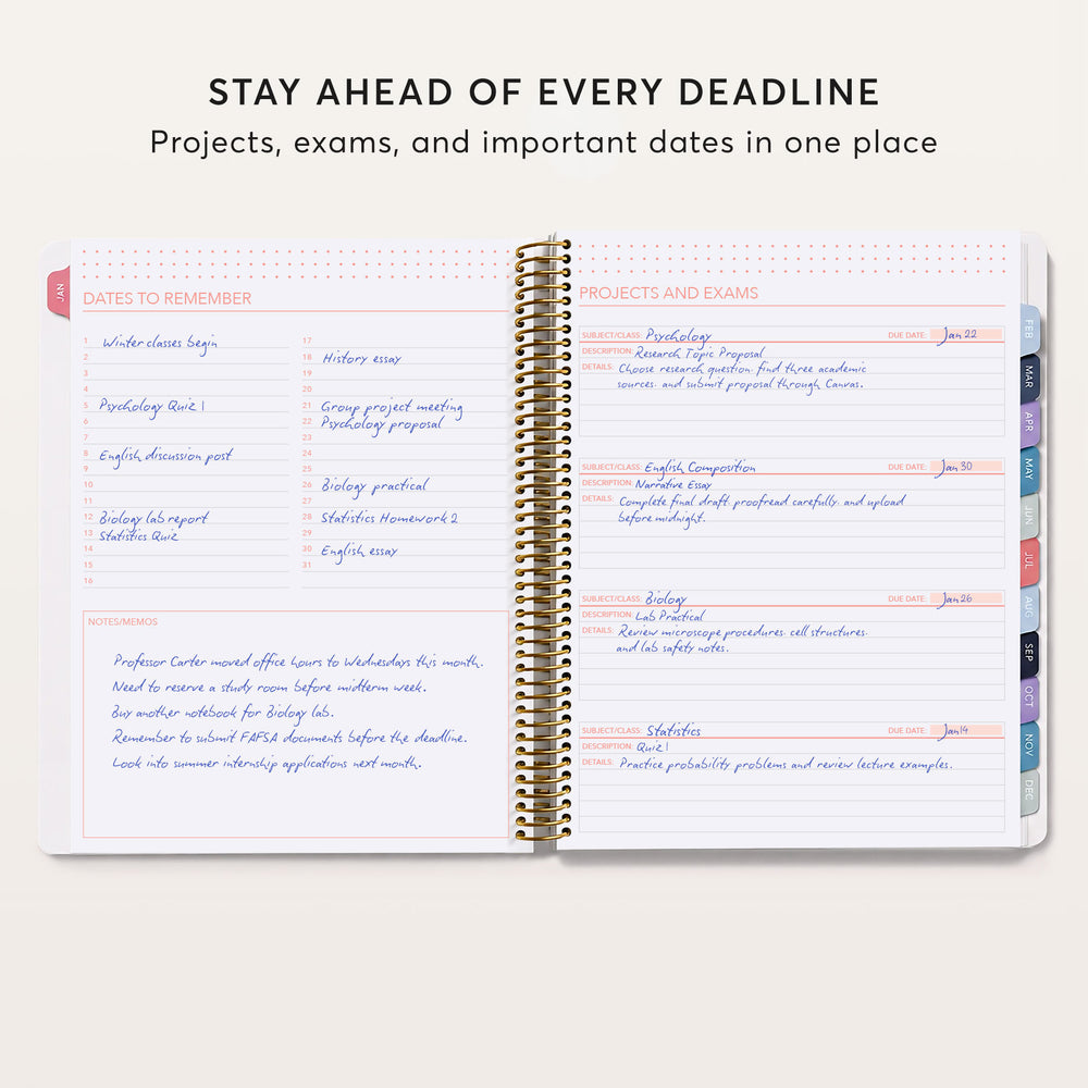 
                  
                    The image is a page from a spiral-bound notebook with a list of deadlines and dates for various academic tasks, such as projects, exams, and important dates.
                  
                