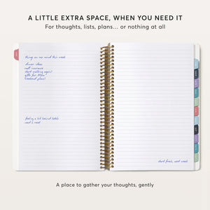 
                  
                    Lined notes pages in an open planner, with handwritten lists and ideas.
                  
                