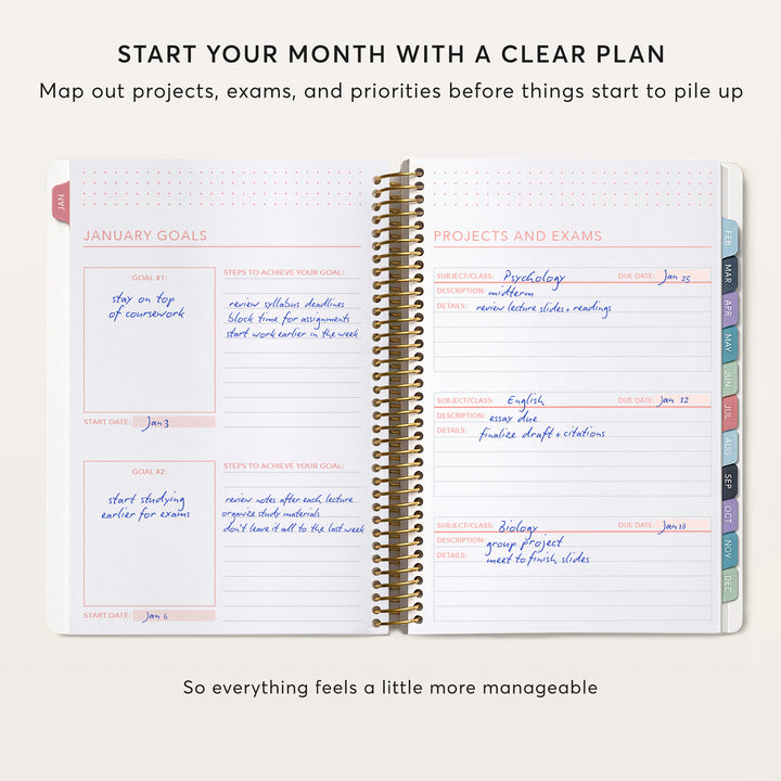Student planner pages for monthly goals, action steps, projects and exams.