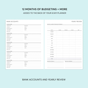 
                  
                    8.5×11 budget add-on showing bank accounts and yearly review pages
                  
                