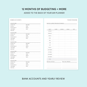
                  
                    6×9 budget add-on showing bank accounts and yearly review pages
                  
                