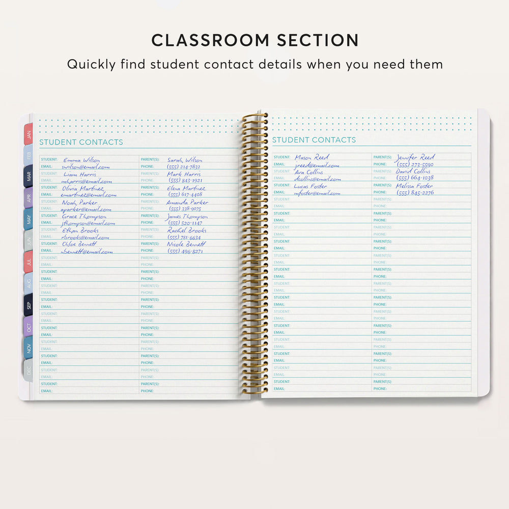 
                  
                    The image is a page from a spiral-bound notebook, specifically a Classroom Section notebook, which is designed to help teachers quickly find student contact details when needed.
                  
                