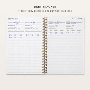 
                  
                    Budget planner debt-tracker pages with payment dates, amounts and balances.
                  
                
