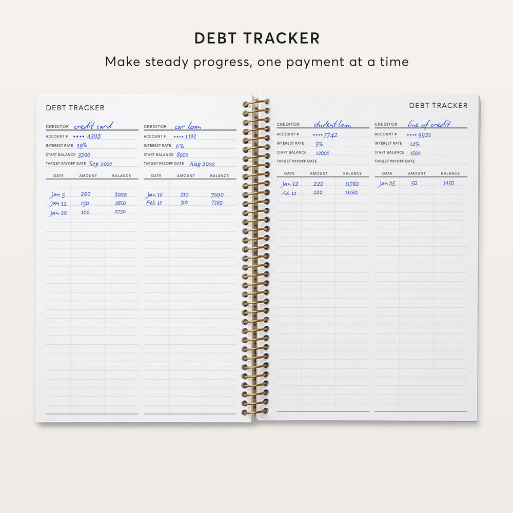
                  
                    The image is a spiral-bound notebook with a Debt Tracker page, which is a tool for tracking and managing debt payments. The page contains a list of dates and amounts, along with a target balance and a line item for the interest rate. The page is open, and the text "DEBT TRACKER" is visible, indicating that the page is focused on tracking and managing debt payments.
                  
                