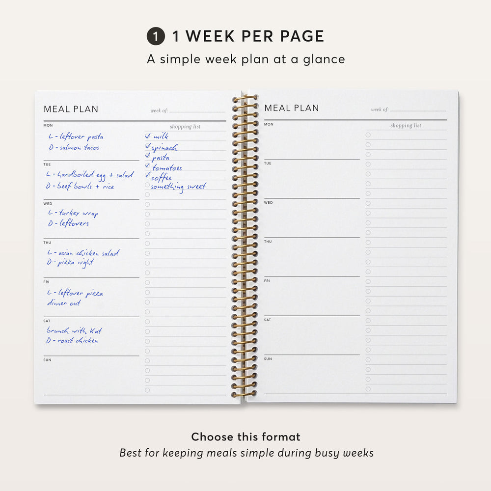 The image is a page from a notebook or planner with a simple weekly meal plan. The page has a one-week per page format, which is described as a simple week plan at a glance. The page includes a section for meals and a section for shopping lists, both of which are organized in a structured manner. The format is described as the best for keeping meals simple during busy weeks.