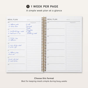 
                  
                    Meal planner showing one week of meals per page, with daily lines and checkboxes.
                  
                