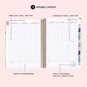 
                  
                    Hourly weekly planner layout with timed daily schedules and weekly notes.
                  
                