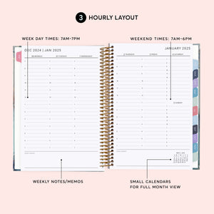 
                  
                    Hourly weekly planner layout with timed daily schedules and weekly notes.
                  
                