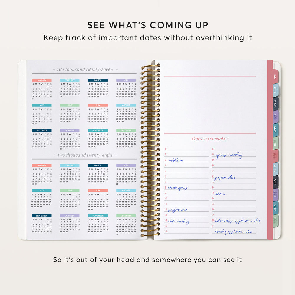 
                  
                    The image is a page from a planner or calendar, showing a calendar for the months of January to December and a section for a to-do list. The text on the page encourages the viewer to keep track of important dates without overthinking it.
                  
                