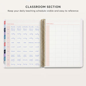 
                  
                    Teacher planner classroom section showing a daily teaching schedule and timetable.
                  
                