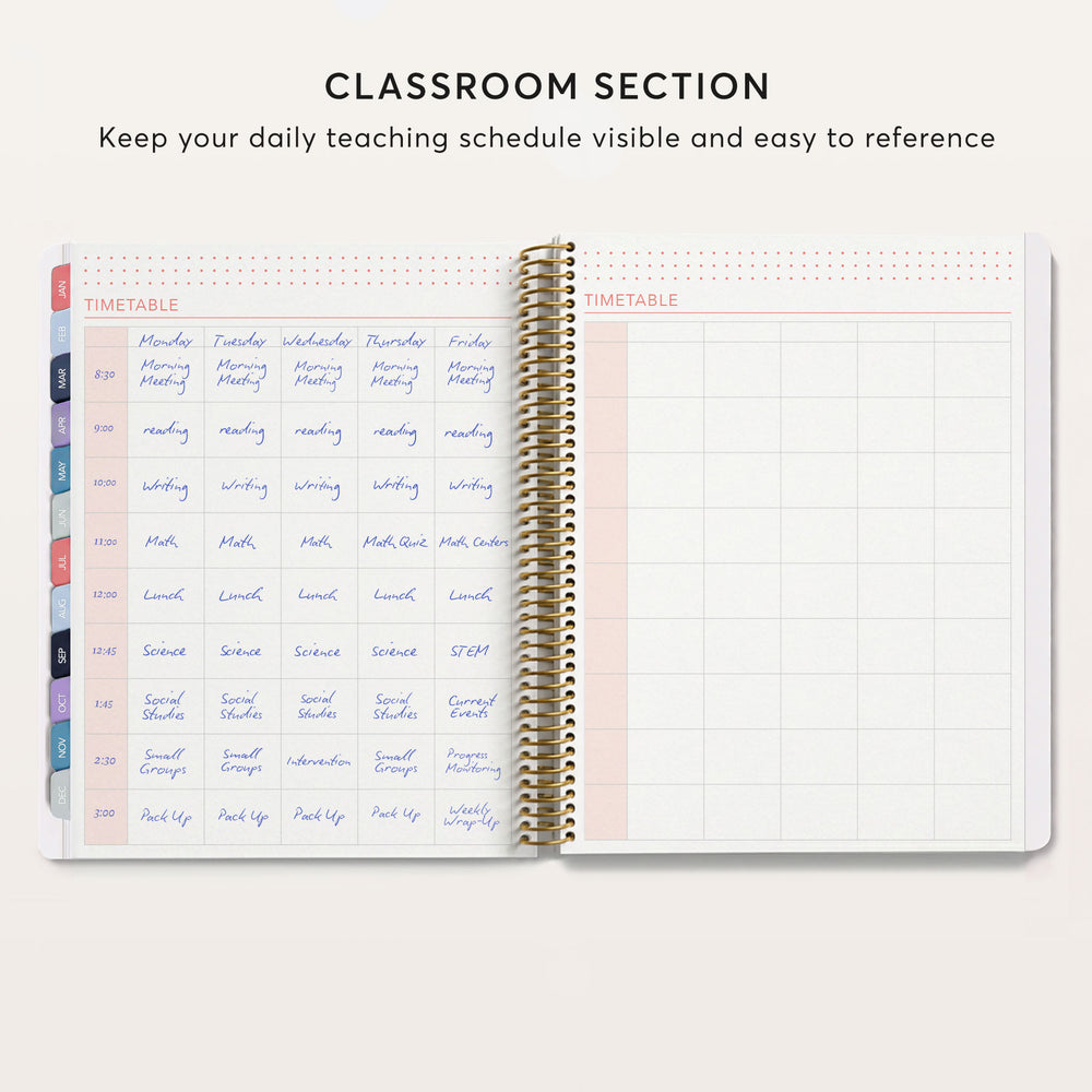 
                  
                    an open spiral-bound notebook with a daily teaching schedule and a blank timetable page. The notebook is titled "CLASSROOM SECTION" and the page is titled "TIMETABLE". The schedule lists various subjects and times for each day of the week, with the timetable page providing a blank space for the user to fill in the days and times.
                  
                