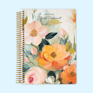 
                  
                    Daily planner with a vibrant orange and green blossom cover design, complete with a structured daily planning layout and customizable cover text to keep your schedule organized.
                  
                