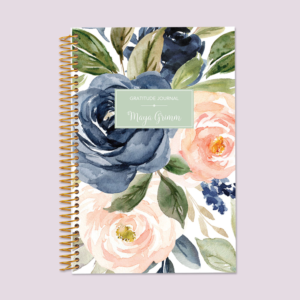 Gratitude journal with a Navy Blush Roses cover, featuring a soft floral design for meaningful gratitude journaling.