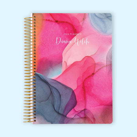 6x9 Monthly Planner - Hot Pink Gray Flowing Ink