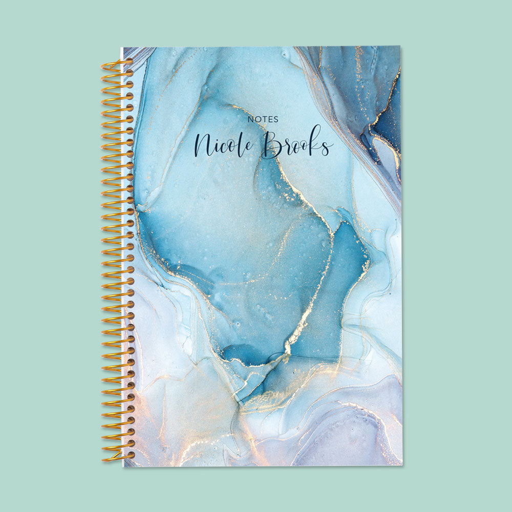 Elegant aqua and gold abstract ink notebook with thick pages, ideal for daily journaling, notes, and creative planning.