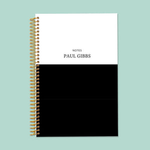 
                  
                    6×9 notebook with a Black White Color Block cover and gold coil binding.
                  
                