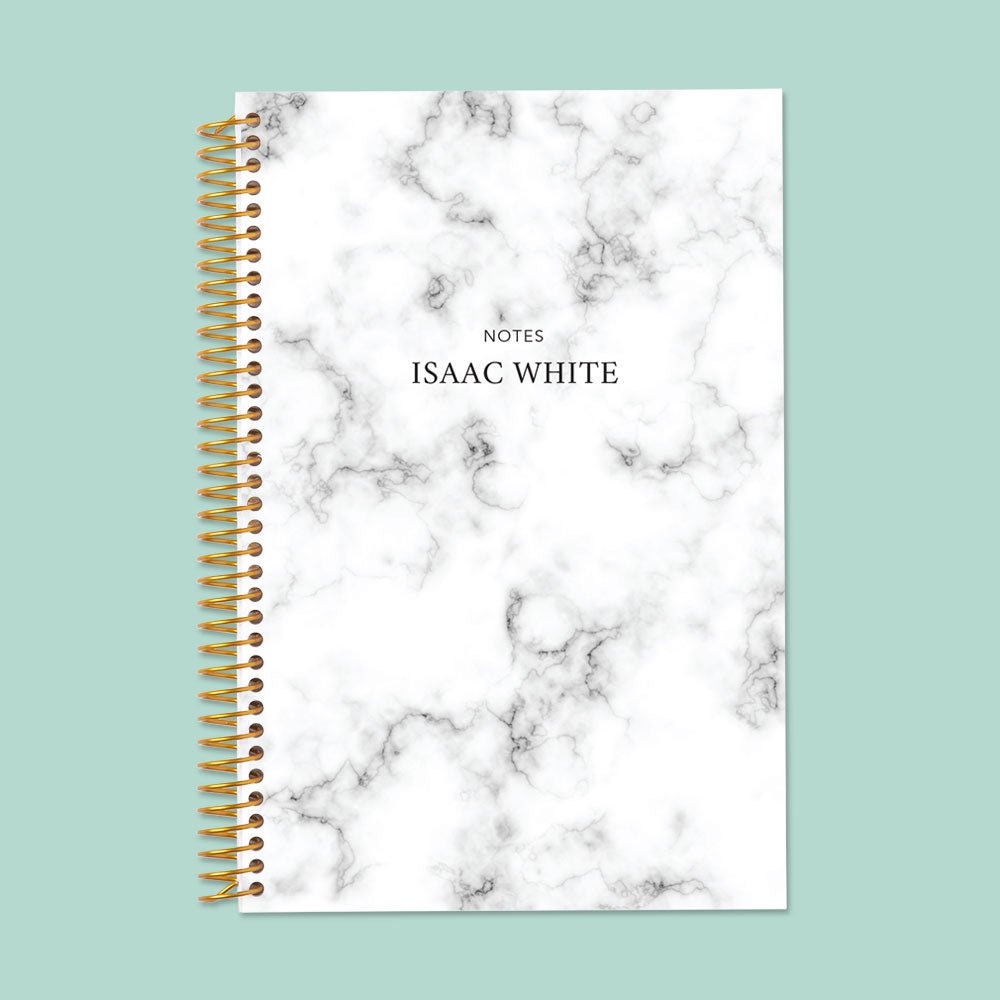 6×9 notebook with a Gray Marble cover and gold coil binding.