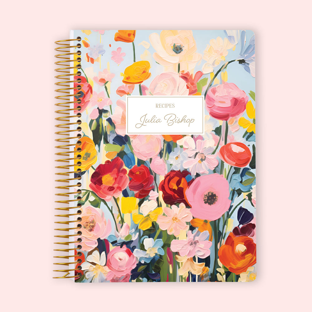 Personalized recipe book with a Blossom Dreams Colorful cover, designed for organizing family recipes, meal planning, and preserving favorite dishes.