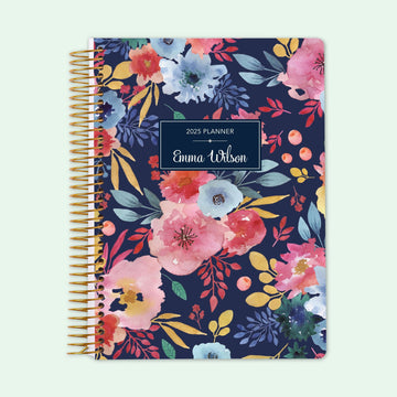 6x9 Student Planner - Navy Blue Pink Watercolor Floral
