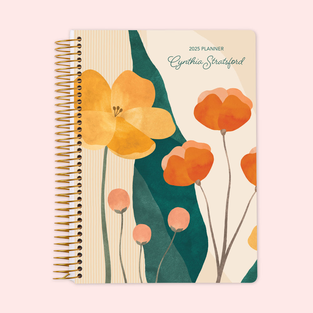 Weekly planner featuring a modern abstract floral cover in pink and multicolor hues, combining artistic flair with a resilient coil binding and custom name personalization for organized, creative planning.