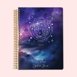 
                  
                    Weekly planner with a Pisces zodiac cover design, illustrating two fish constellations swimming across a dreamy starscape, secured with strong spiral binding and customized with your name — ensuring organized planning guided by the stars.
                  
                