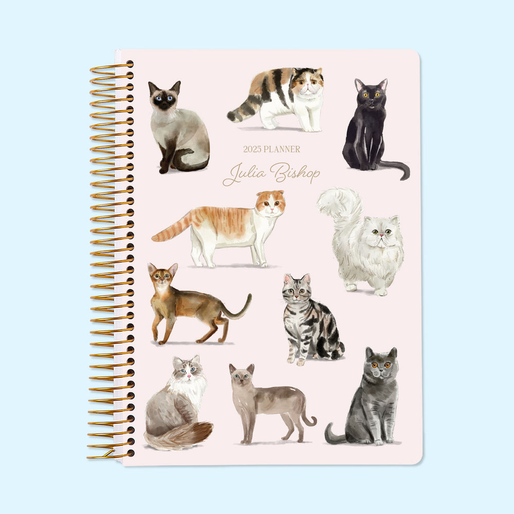 Personalized 6x9 daily planner with illustrated cat breeds on the cover – includes Ragdoll, Persian, Tabby, and more.