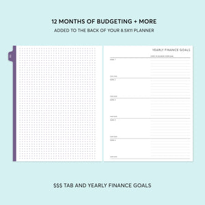 
                  
                    8.5×11 budget add-on showing a purple tab and yearly finance goals page
                  
                