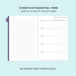 
                  
                    6×9 budget add-on showing a purple tab and yearly finance goals page
                  
                