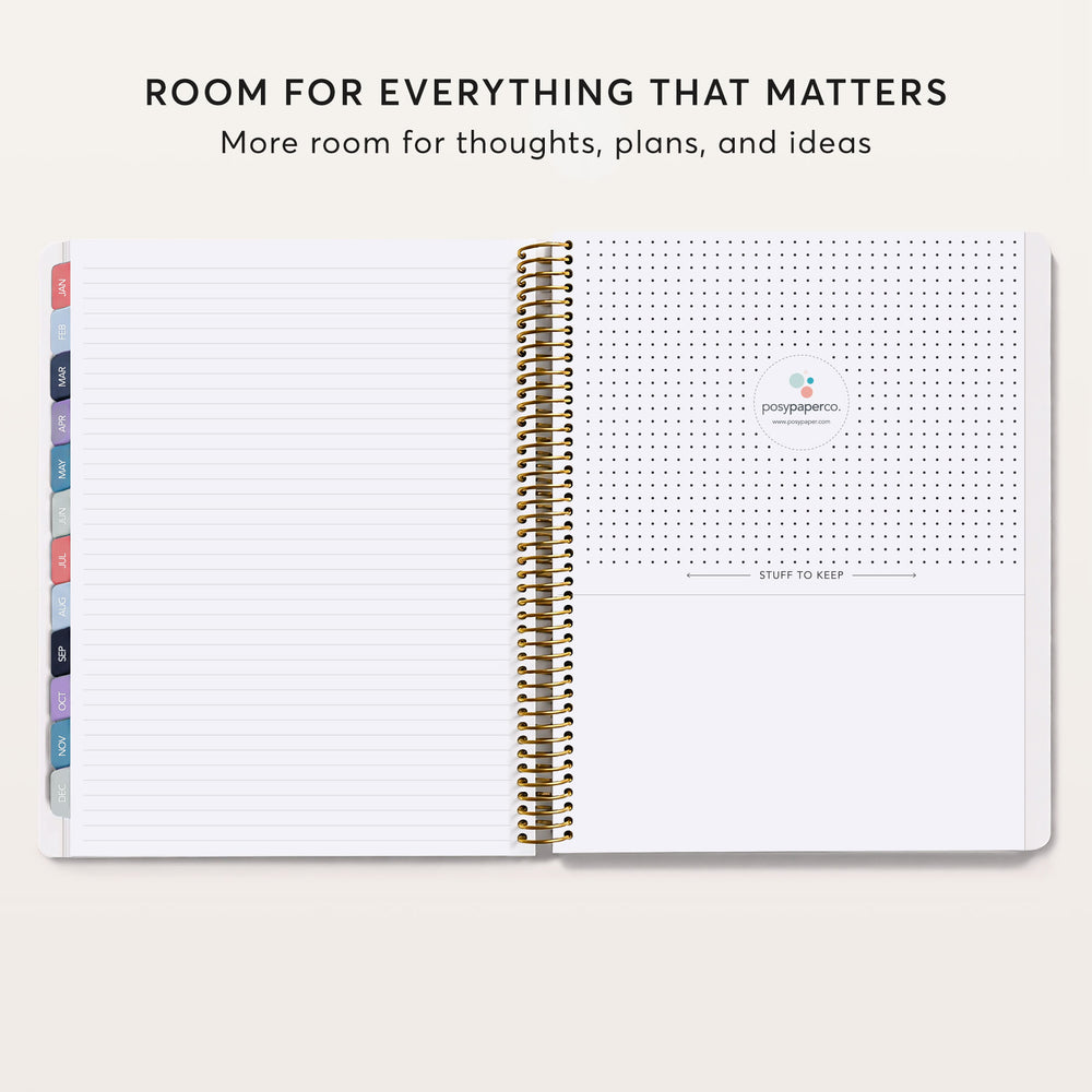 
                  
                    The image is an open spiral-bound notebook with blank pages, and it features a logo and text on the right side.
                  
                