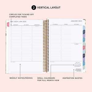 
                  
                    Vertical weekly planner layout with daily columns, task checkboxes and weekly notes.
                  
                