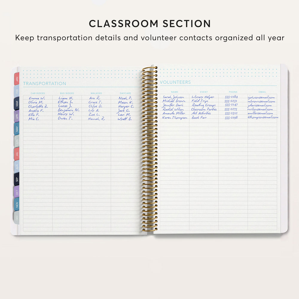 
                  
                    The image is a page from a notebook or planner with a section titled "CLASSROOM SECTION" that includes a list of transportation details and volunteer contacts.
                  
                