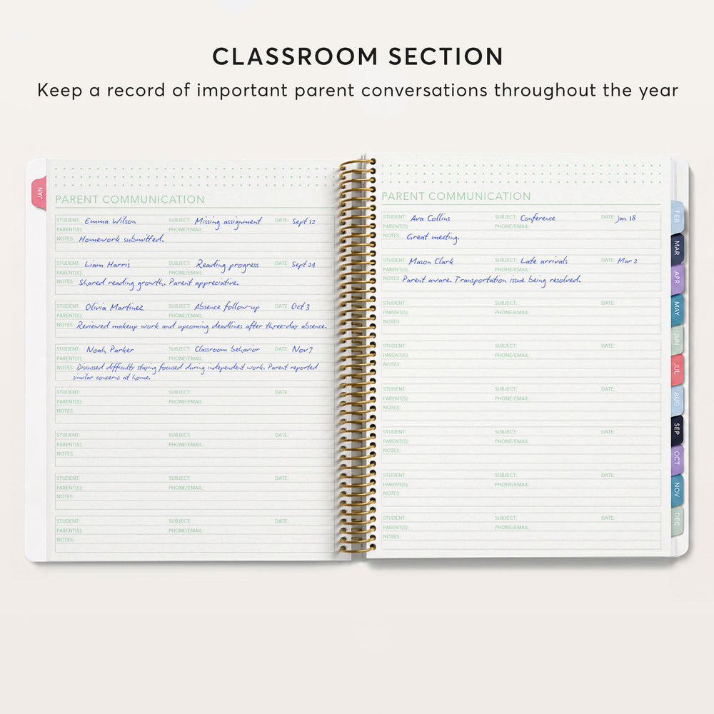 
                  
                    an open spiral-bound notebook with a section titled "CLASSROOM SECTION" at the top. The notebook contains a list of names and contact information for parents, including names, phone numbers, and email addresses. The text is handwritten, suggesting that the notebook is being used to keep a record of important parent conversations throughout the year.
                  
                