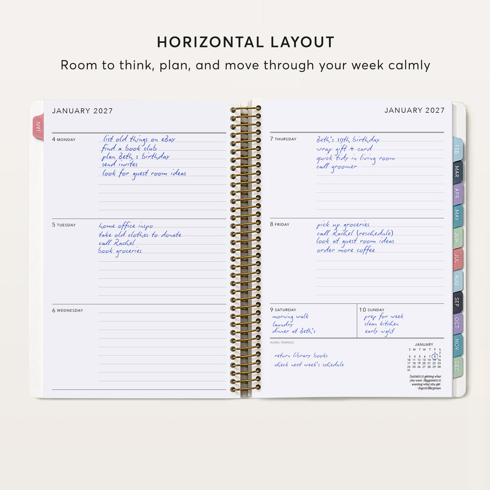 The image is a spiral-bound notebook with a horizontal layout, featuring a calendar for January 2021 and a daily planner for January 2022. The notebook has a white background and is open, displaying the days of the week and various tasks and events scheduled for the week.