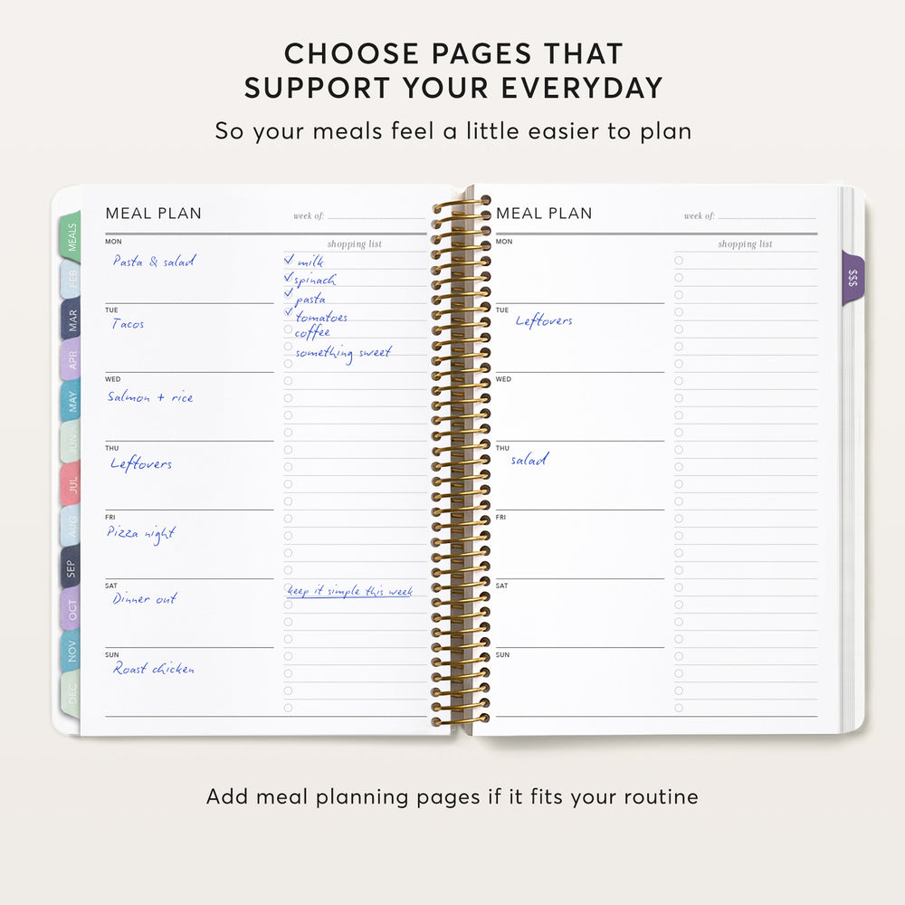 
                  
                    a spiral-bound notebook with a meal planning page, featuring a list of meal options and a shopping list. The text encourages the user to choose pages that support their everyday routine, suggesting that the meal planning page should fit their daily schedule.
                  
                