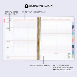 
                  
                    Horizontal weekly planning spread with lined daily sections, notes and task checkboxes.
                  
                