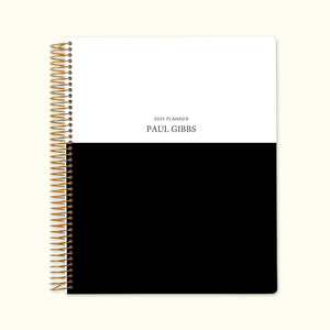 
                  
                    8.5x11 monthly planner with a bold black and white color block cover, combining modern minimalism with premium paper and well-structured monthly pages for planning ease.
                  
                