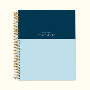 
                  
                    8.5x11 monthly planner with a refined blue navy color block cover, designed with smooth paper, coil binding, and spacious monthly layouts for a streamlined planning experience.
                  
                