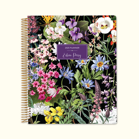 8.5x11 monthly planner with a sophisticated colorful florals black cover, featuring bold floral accents, premium paper, and structured monthly spreads for stylish planning.