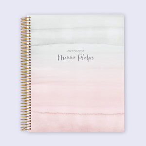 
                  
                    8.5x11 academic planner with a dreamy pink and grey watercolor gradient cover, designed for organizing class schedules, exams, and academic priorities.
                  
                