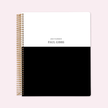8.5x11 teacher planner with a classic blue navy color block cover, blending bold contrast with high-quality paper and structured planning sections for effortless organization.
