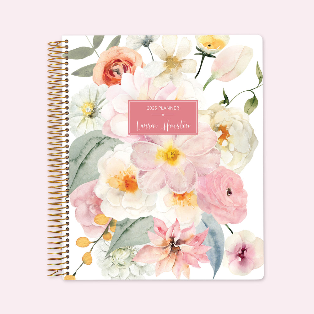 8.5x11 teacher planner with a playful flirty florals blush cover, featuring soft florals, durable paper, and functional lesson planning layouts for effortless teaching.
