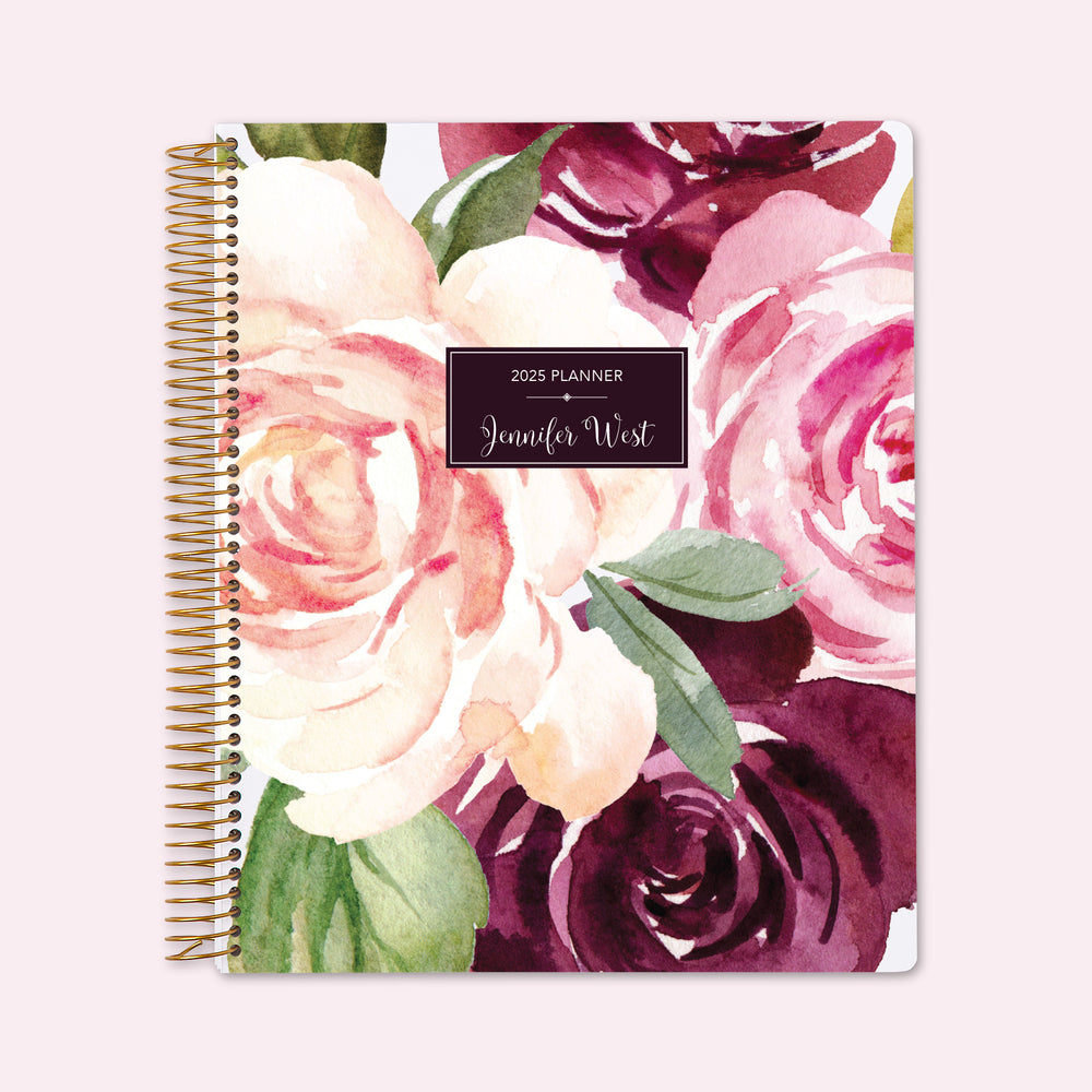 8.5x11 teacher planner with a plum blush roses cover, featuring soft watercolor florals, premium writing paper, and spacious layouts for organized lesson planning.
