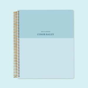 
                  
                    8.5x11 weekly planner with a minimalist blue color block cover, combining sleek design with premium-quality paper and structured weekly pages for planning ease.
                  
                